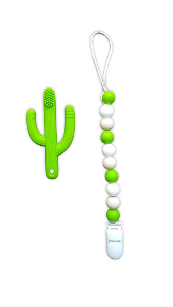 Cactus Teether Toothbrush and Clip (Green)
