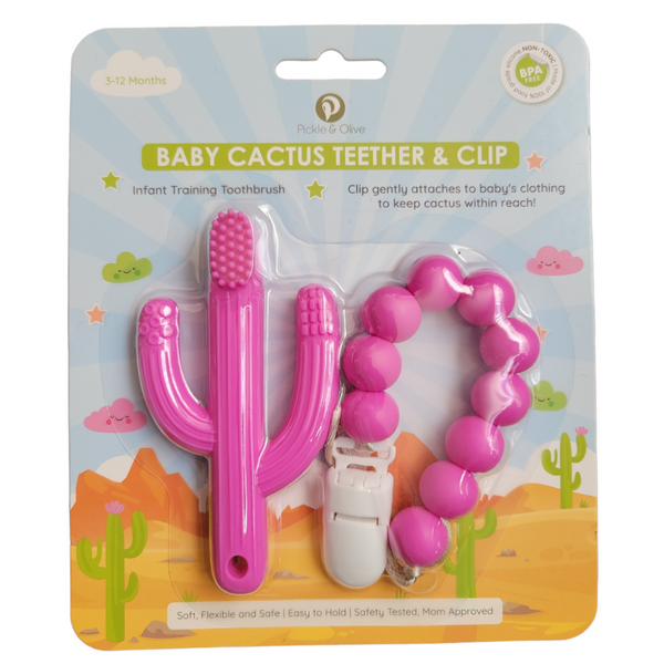 Cactus Teether Toothbrush and Clip (Pink)