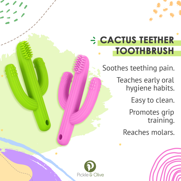 Cactus Teether Toothbrush and Clip (Pink)