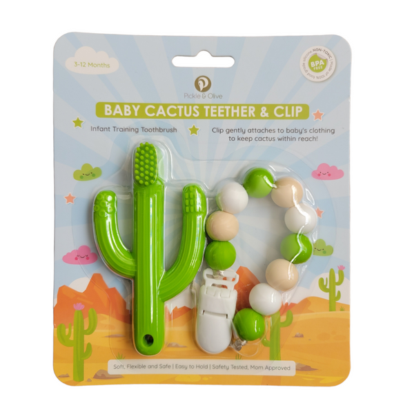 Cactus Teether Toothbrush and Clip (Green)